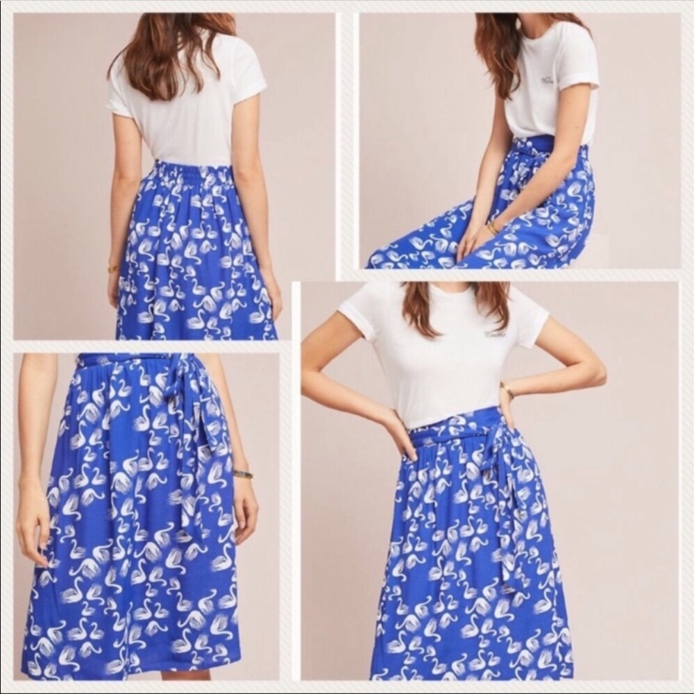 Anthro Porridge Blue White Swan Skirt Pockets XL